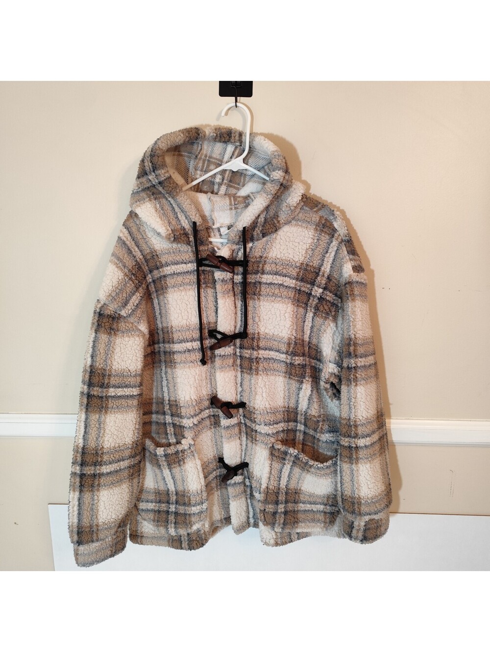 Sabrina Lauren NY Women’s Plaid Sherpa Jacket Coat Hooded Toggle Closure Sz 1X